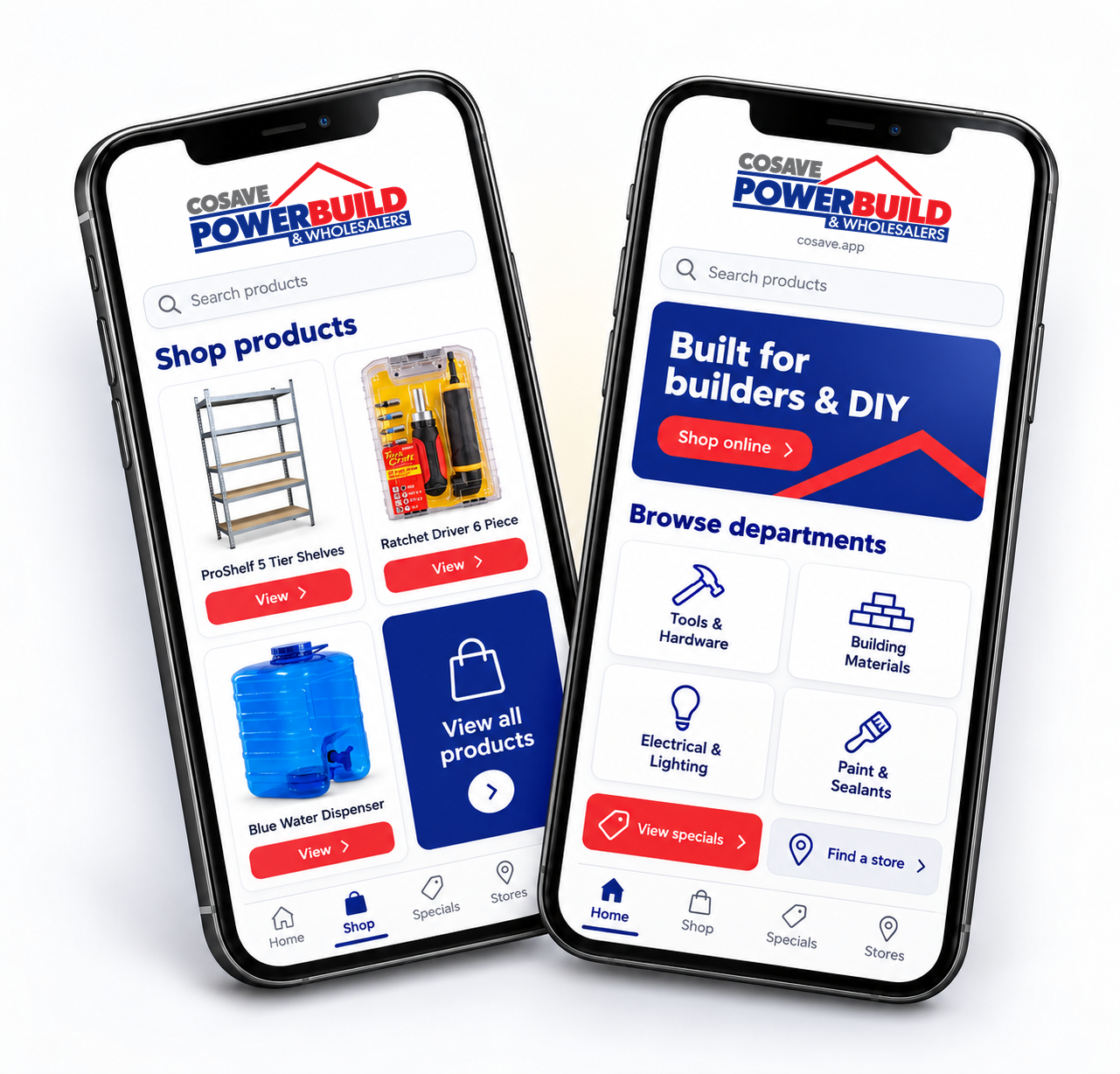 Preview of the coming Cosave app: Shop products screen and Home screen on two phones.